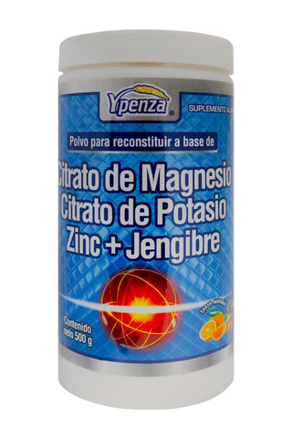 POLVO CITRATO DE MAGNESIO, <br>CITRATO DE POTASIO, ZINC + <br>JENGIBRE SABOR NARANJA 500 GR* </br>