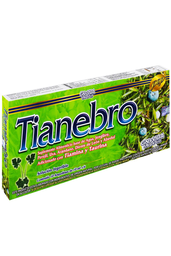 AMP. TIANEBRO SOLUCIÓN INGERIBLE C/10 AMP. DE 10 ML. JENGIBRE, PEREJIL, UVA, ARÁNDANO,DIENTE DE LEÓN Y ABEDUL, ADICIONADO CON TIAMINA Y TAURINA.