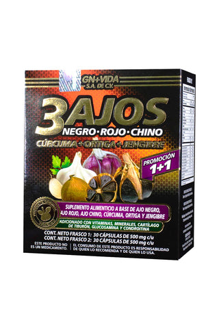 CAPS. 3 AJOS DUO C/30 AJO NEGRO, ROJO Y CHINO + FCO. CURCUMA, ORTIGA, JENGIBRE. SUPLEMENTO ALIMENTICIO C/ BENEFICIOS PARA ARTICULACIONES