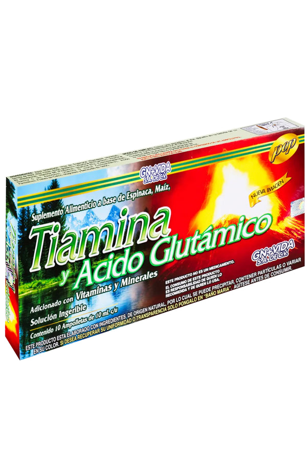 AMP. TIAMINA Y ACIDO GLUTAMICO SOLUCIÓN INGERIBLE C/10 AMP. DE 10 ML. ADICIONADO CON VITAMINAS Y MINERALES.