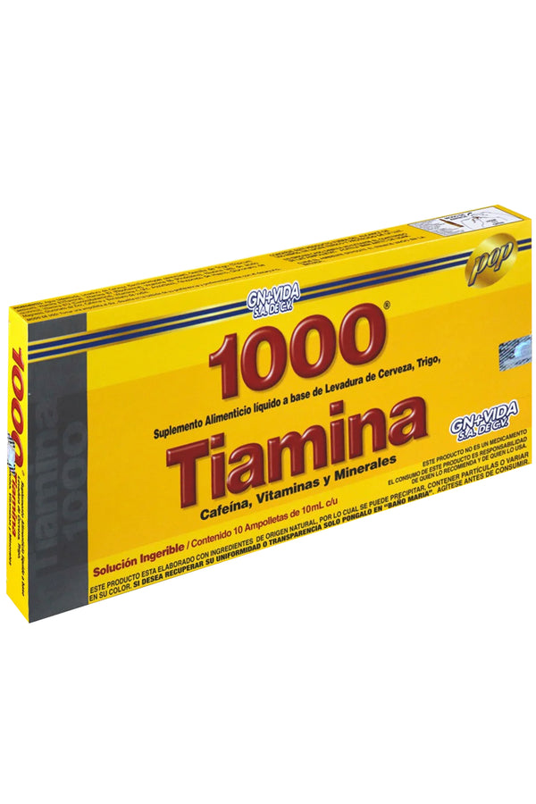 AMP. TIAMINA 1000 SOLUCIÓN INGERIBLE C/10 AMP. DE 10 ML. LEVADURA DE CERVEZA, TRIGO, CAFEÍNA, VITAMINAS Y MIENRALES