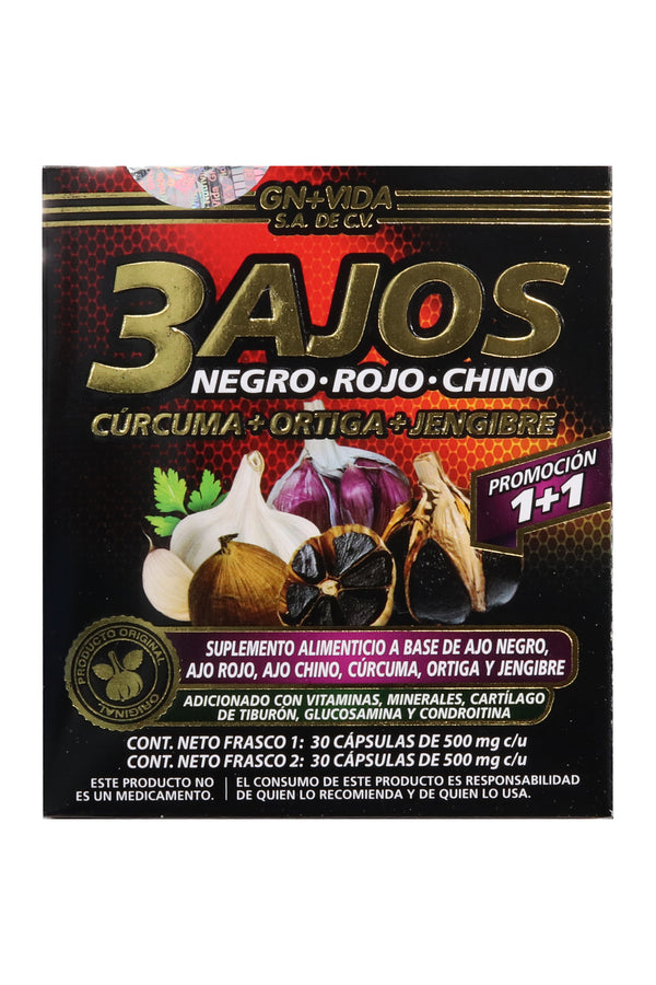 CAPS. 3 AJOS C/30 AJO NEGRO, ROJO Y CHINO, ADICIONADO CON CÚRCUMA, ORTIGA Y JENGIBRE + CAPS. VITAMINAS, MINERALES, CARTÍLAGO DE TIBURÓN, GLUCOSAMINA Y CONDROTINA C/30.