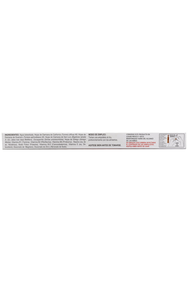 AMP. 3 DAMIANAS SOLUCIÓN INGERIBLE C/10 AMP. DE 10 ML C/U. DAMIANA DE CALIFORNIA, DAMIANA DE GUERRRERO, DAMIANA DE SAN LUIS, GINKGO, ZARZAPARRILLA Y JALEA REAL. ADICIONADO CON VITAMINAS Y MINERALES.