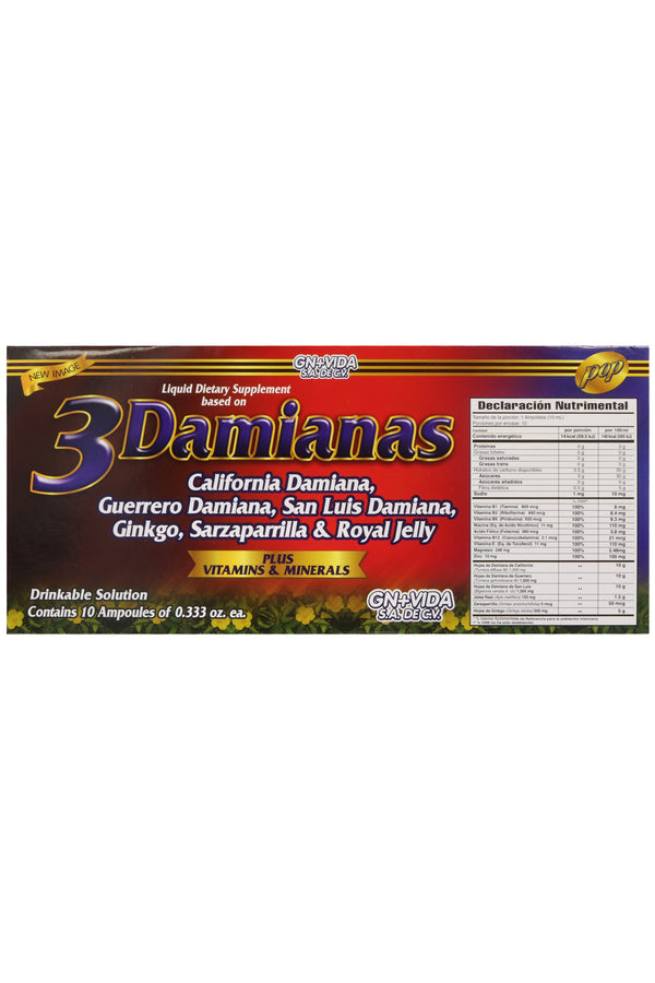 AMP. 3 DAMIANAS SOLUCIÓN INGERIBLE C/10 AMP. DE 10 ML C/U. DAMIANA DE CALIFORNIA, DAMIANA DE GUERRRERO, DAMIANA DE SAN LUIS, GINKGO, ZARZAPARRILLA Y JALEA REAL. ADICIONADO CON VITAMINAS Y MINERALES.