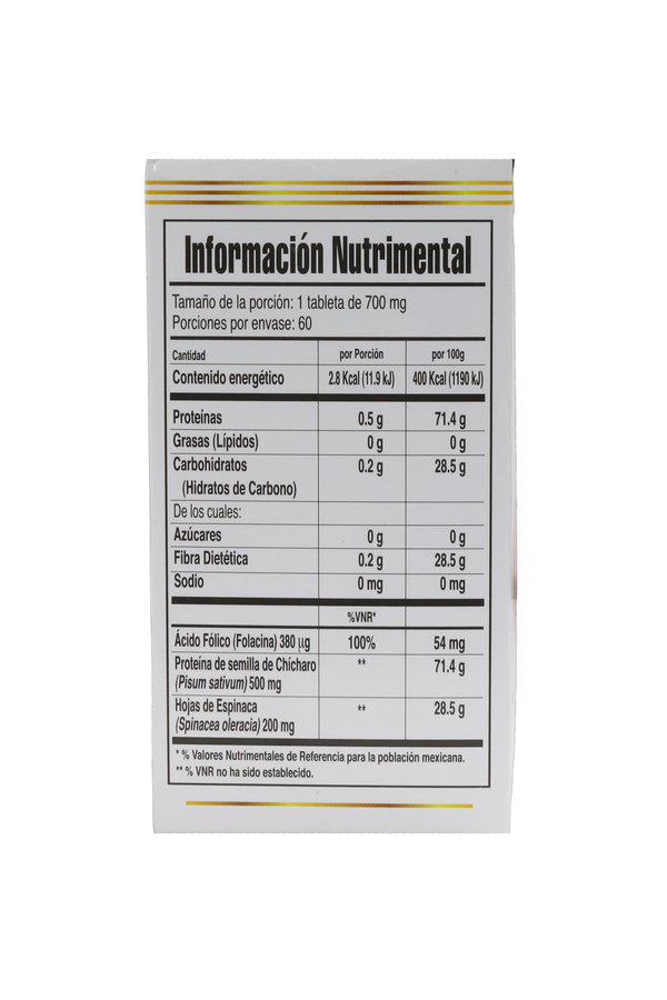 TBS. ÁCIDO FOLICO, ESPINACA Y PROTEÍNA DE CHÍCHARO C/60 DE 700 MG C/U.