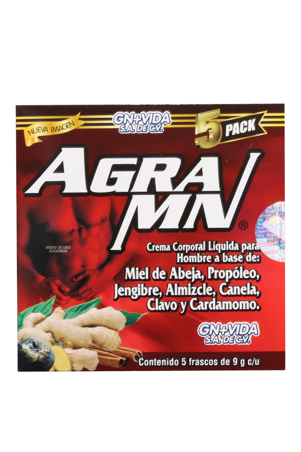 AMP. FCO. AGRAMN CREMA CORPORAL C/ 5 FRASCOS DE 9 GR C/U. MIEL DE ABEJA, POPÓLEO, JENGIBRE, ALMIZCLE, CANELA, CLAVO Y CARDAMOMO.