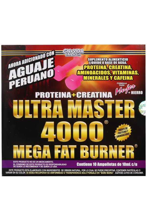 AMP. ULTRA MASTER 4000 MUJER SOLUCIÓN INGERIBLE C/10 AMP. DE 10 ML. C/U AHORA ADICIONADA CON AGUAJE PERUANO, PROTEINA, CREATINA, AMINOACIDOS, VITAMINAS, MINERALES Y CAFEINA + HIERRO