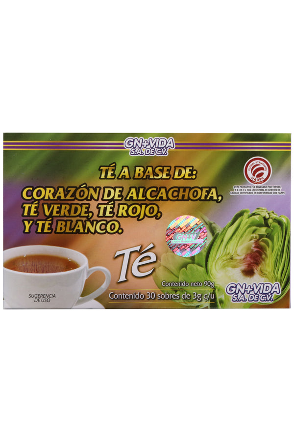 TÉ CORAZÓN DE ALCACHOFA, TÉ VERDE, TÉ ROJO Y TÉ BLANCO C/30 SOBRES DE 3GR C/U. CERTIFICADO DE CALIDAD HARPC.