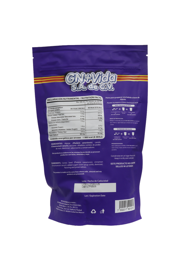 POLVO PARA PREPARAR BEBIDA A BASE DE SEMILLA DE ALPISTE SABOR NATURAL C/ 500 GR. POWDER TO PREPARE A CANARY SEED BASED DRINK NATURAL FLAVOR NET WT: 1.10 LBS.