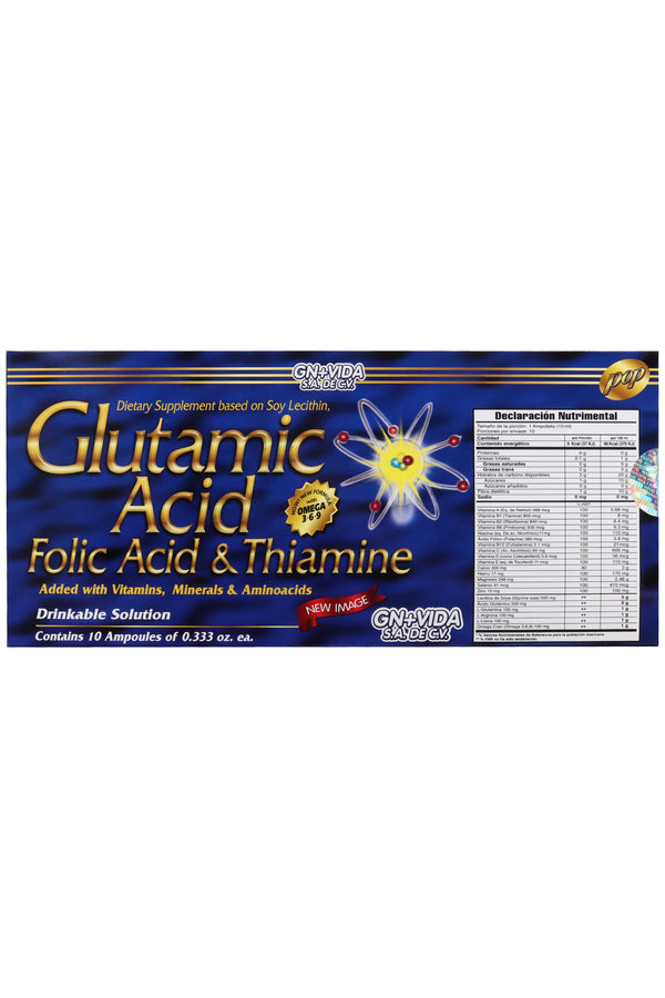 AMP. ACIDO GLUTAMICO SOLUCIÓN INGERIBLE C/ 10 AMP. DE 10 ML C/U ACIDO FÓLICO Y TIAMINA, ADICIONADO CON VITAMINAS, MINERALES Y AMIINOÁCIDOS.