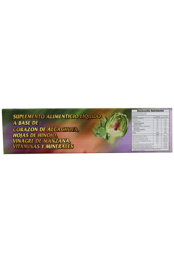 AMP. CORAZÓN DE ALCACHOFA SOLUCIÓN INGERIBLE C/30 AMP. DE 10 ML C/U. CORAZÓN DE ALCACHOFA, HOJAS DE HINOJO, VINAGRE DE MANZANA, VITAMINAS Y MINERALES. AHORA CON BROMELINA Y GUARANA.