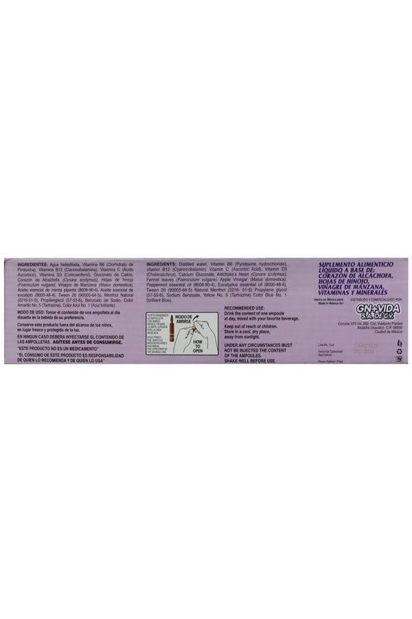 AMP. CORAZÓN DE ALCACHOFA SOLUCIÓN INGERIBLE C/30 AMP. DE 10 ML C/U. CORAZÓN DE ALCACHOFA, HOJAS DE HINOJO, VINAGRE DE MANZANA, VITAMINAS Y MINERALES. AHORA CON BROMELINA Y GUARANA.
