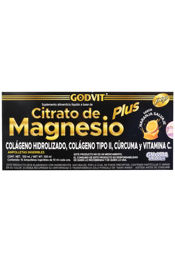 AMP. CITRATO DE MAGNESIO PLUS SOLUCIÓN INGERIBLE C/10 AMP. DE 10 ML C/U. COLAGENO HIDROLIZADO, COLAGENO TIPO II, RIZOMA DE CURCUMA Y VITAMINA C. SABOR NARANJA SALVAJE.