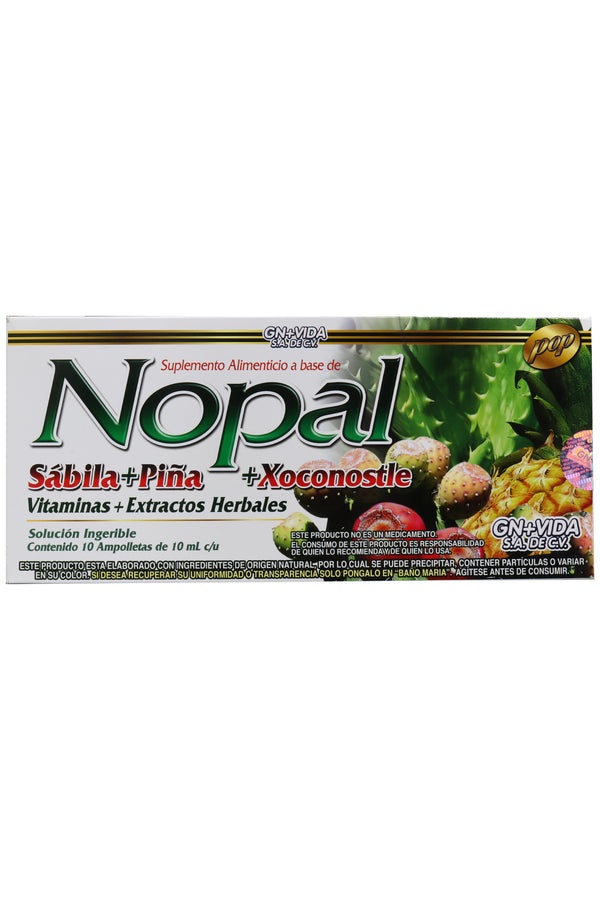 AMP. NOPAL SABILA + PIÑA + XOCONOSTLE SOLUCIÓN INGERIBLE C/10 AMP. DE 10 ML C/U. VITAMINAS + EXTRACTOS HERBALES.