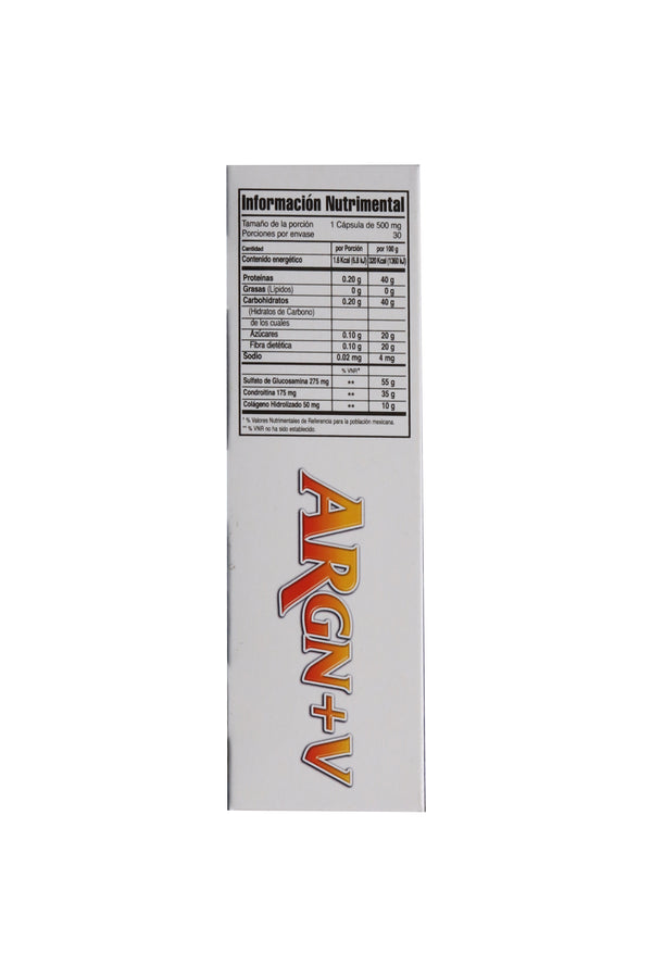CAPS. ARGN+V PLUS, BLISTER C/30 DE 500 MG C/U. A BASE DE GLUCOSAMINA, CONDROITINA Y COLÁGENO HIDROLIZADO.