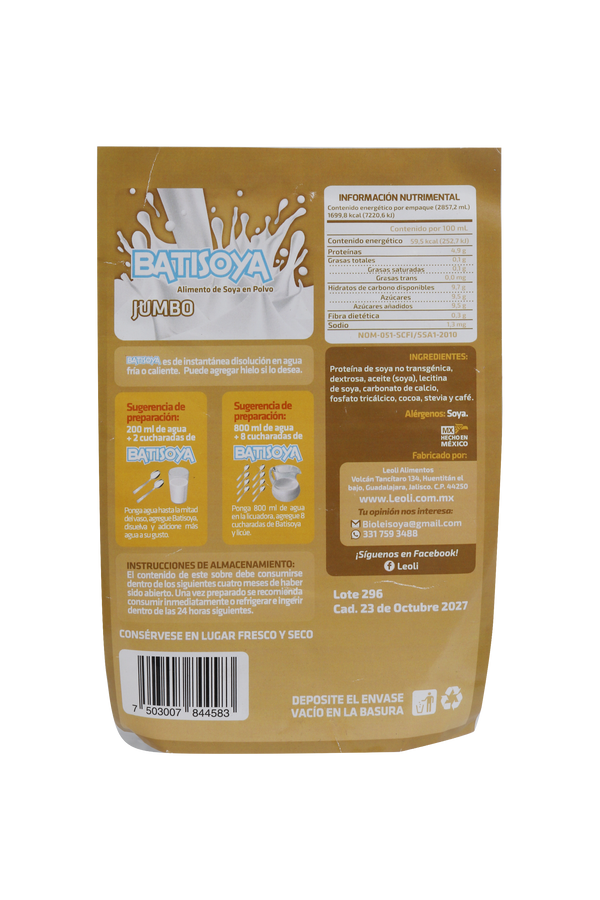 BOLSA BATISOYA JUMBO C/ 1KG. SABOR CAPUCHINO. SIN LACTOSA Y LIBRE DE GLUTÉN.