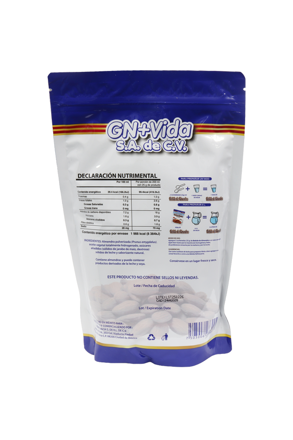 POLVO PARA PREPARAR BEBIDA DE ALMENDRAS INSTANTÁNEA C/500 GR. 0% COLESTEROL, LIBRE DE LACTOSA Y 0% HARINA.