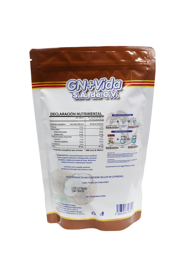 POLVO PARA PREPARAR BEBIDA DE COCO INSTANTANEA C/500 GRS. 0% COLESTEROL, 0% HARINA Y LIBRE DE LACTOSA.