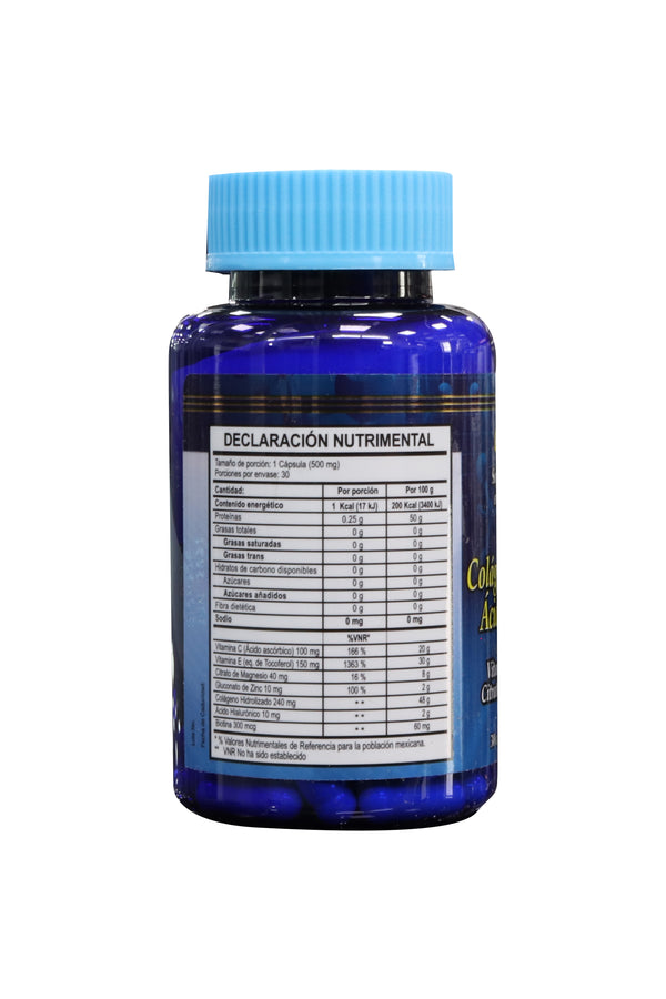 CAPS. BIOTINA, CÓLAGENO HIDROLIZADO Y ÁCIDO HIALURÓNICO C/30 DE 500 MG C/U. ADICIONADO CON VITAMINA C, VITAMINA E, CITRATO DE MAGNESIO Y ZINC.