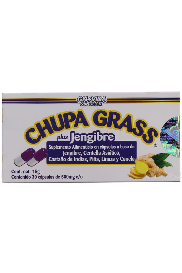 CAPS. CHUPA GRASS PLUS JENGIBRE C/30 DE 500 MG C/U. A BASE DE JENGIBRE, CENTELLA ASÍATICA, CASTAÑO DE INDIAS, PIÑA, LINAZA Y CANELA.