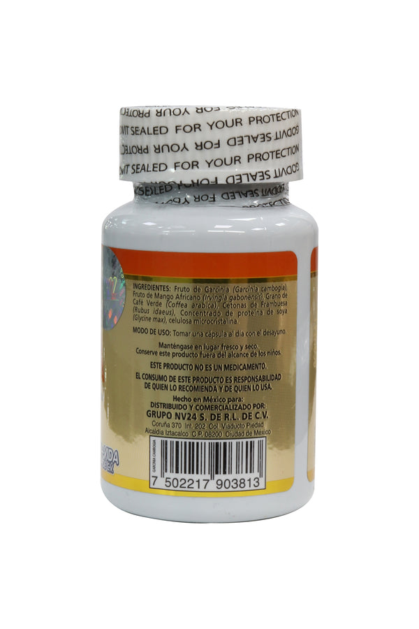 CAPS. GARCINIA CAMBOGIA C/60 DE 700MG C/U. A BASE DE PROTEÍNA DE SOYA, CAFÉ VERDE, MANGO AFRICANO Y CETONAS DE FRAMBUESA. GODVIT.