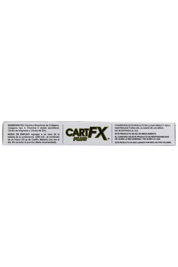 POLVO FRASCO CARTFX PLUS C/10 FRASCOS DE 10 GR. C/U. SUPLEMENTO ALIMENTICIO EN POLVO A BASE DE PÉPTIDOS BIOACTIVOS DE COLÁGENO, COLÁGENO TIPO II, VITAMINA C, CITRATO DE MAGNESIO Y ZINC. LIBRE DE AZÚCAR, EDULCORANTES Y COLORANTES.