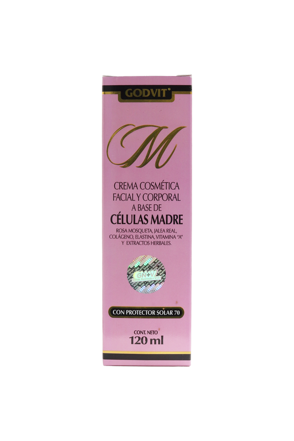 CREMA COSMÉTICA FACIAL Y CORPORAL A BASE DE CÉLULAS MADRE C/120 ML. CON ROSA MOSQUETA, JALEA REAL, COLAGENO, ELASTINA, VITAMINA A Y EXTRACTOS HERBALES, CON PROTECTOR SOLAR 70.