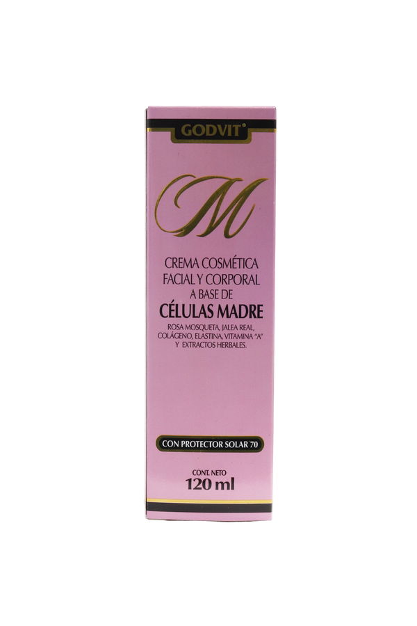 CREMA COSMÉTICA FACIAL Y CORPORAL A BASE DE CÉLULAS MADRE C/120 ML. CON ROSA MOSQUETA, JALEA REAL, COLAGENO, ELASTINA, VITAMINA A Y EXTRACTOS HERBALES, CON PROTECTOR SOLAR 70.