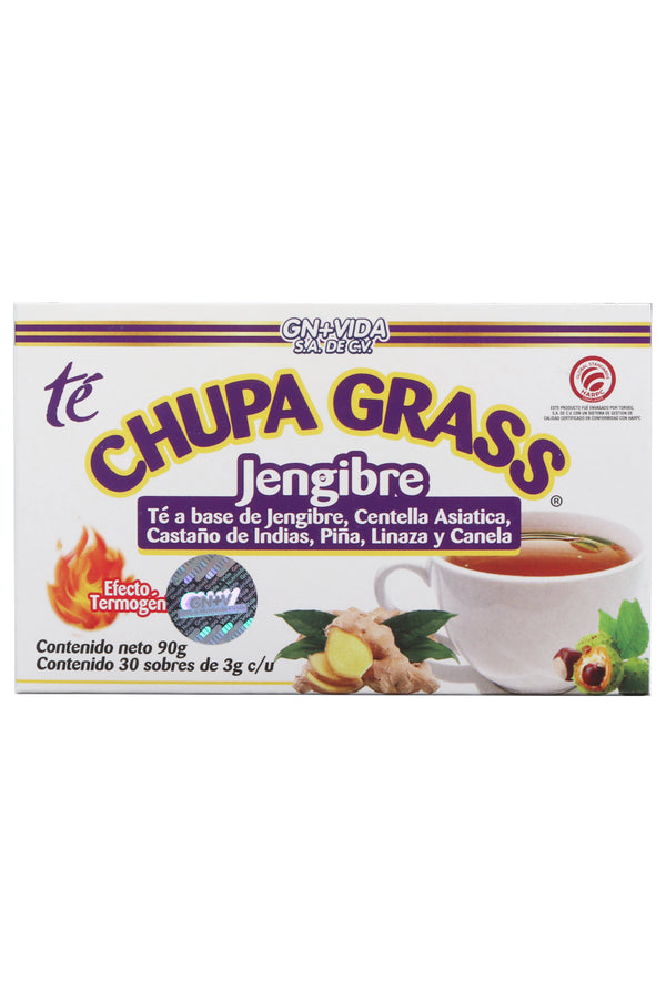 TÉ CHUPA GRASS C/30 SOBRES 3 GR C/U. A BASE DE JENGIBRE, CENTELLA ASIATICA, CASTAÑO DE INDIAS, PIÑA, LINAZA Y CANELA. EFECTO TERMÓGENICO. CERTIFICADO DE CALIDAD HARPC.