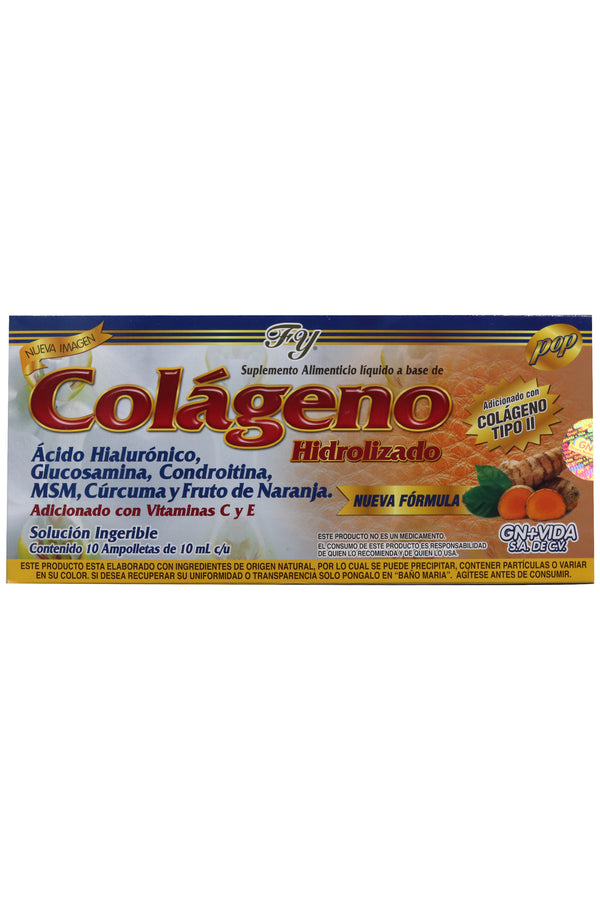 AMP. COLAGENO HIDROLIZADO SOLUCIÓN INGERIBLE C/10 AMP. DE 10 ML C/U. COLÁGENO TIPO II, ACIDO HIALURÓNICO, GLUCOSAMINA, CONDROITINA, MSM, CÚRCUMA Y FRUTO DE NARANJA, ADICIONADO CON VITAMINA E, C Y COLÁGENO TIPO II.