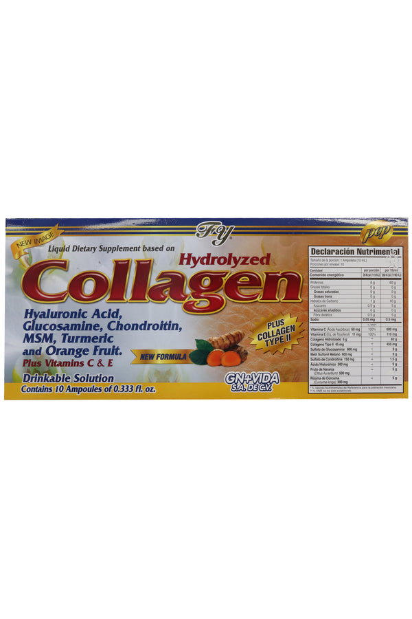 AMP. COLAGENO HIDROLIZADO SOLUCIÓN INGERIBLE C/10 AMP. DE 10 ML C/U. COLÁGENO TIPO II, ACIDO HIALURÓNICO, GLUCOSAMINA, CONDROITINA, MSM, CÚRCUMA Y FRUTO DE NARANJA, ADICIONADO CON VITAMINA E, C Y COLÁGENO TIPO II.