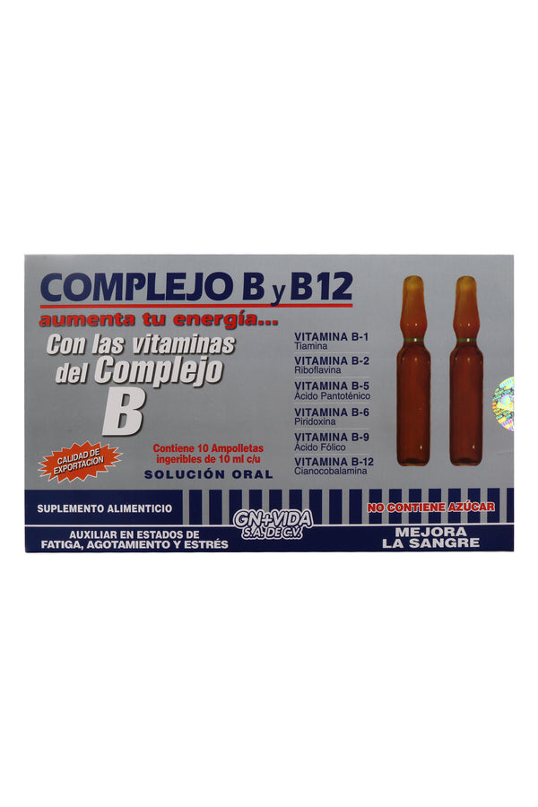 AMP. COMPLEJO B Y B12 SOLUCIÓN INGERIBLE C/10 AMP. DE 10 ML C/U. CON LAS VITAMINAS DEL COMPLEJO B. B1 (TIAMINA), B2 (RIBOFLAVINA), B5 (ÁCIDO PANTOTÉNICO), B6 (PRIRIDOXINA), B9 (ÁCIDO FÓLICO), B12 (CLANOCOBALAMINA) .