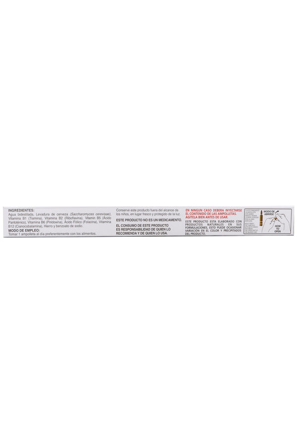 AMP. COMPLEJO B Y B12 SOLUCIÓN INGERIBLE C/10 AMP. DE 10 ML C/U. CON LAS VITAMINAS DEL COMPLEJO B. B1 (TIAMINA), B2 (RIBOFLAVINA), B5 (ÁCIDO PANTOTÉNICO), B6 (PRIRIDOXINA), B9 (ÁCIDO FÓLICO), B12 (CLANOCOBALAMINA) .
