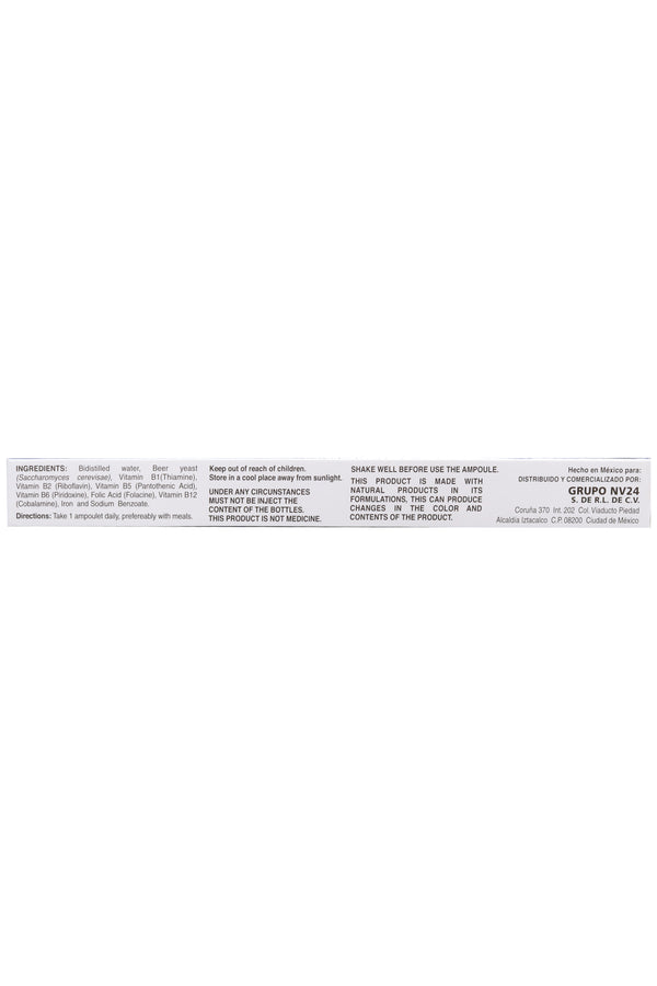 AMP. COMPLEJO B Y B12 SOLUCIÓN INGERIBLE C/10 AMP. DE 10 ML C/U. CON LAS VITAMINAS DEL COMPLEJO B. B1 (TIAMINA), B2 (RIBOFLAVINA), B5 (ÁCIDO PANTOTÉNICO), B6 (PRIRIDOXINA), B9 (ÁCIDO FÓLICO), B12 (CLANOCOBALAMINA) .