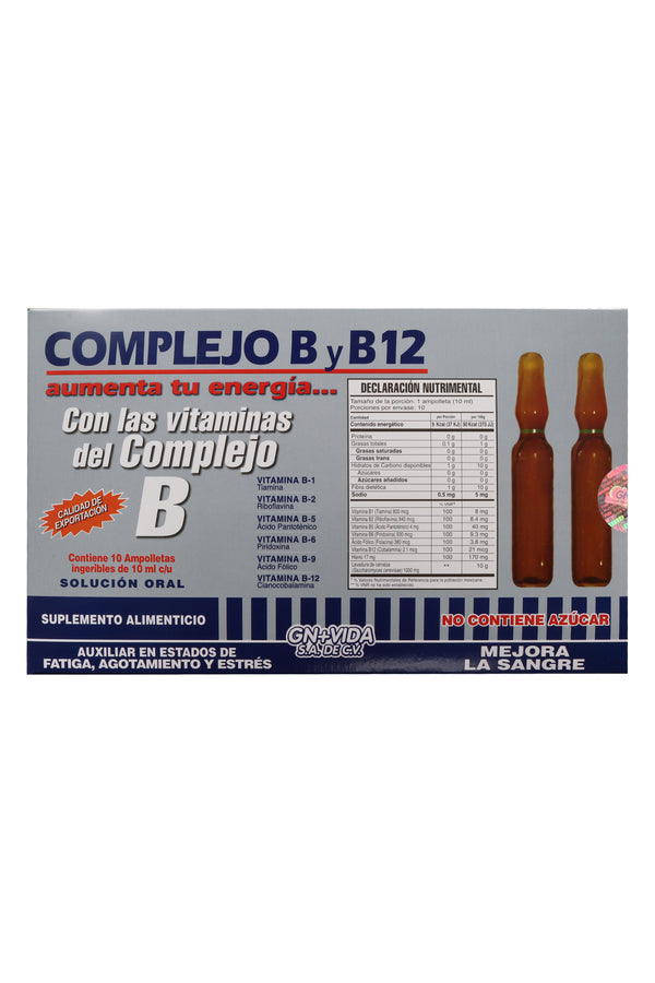 AMP. COMPLEJO B Y B12 SOLUCIÓN INGERIBLE C/10 AMP. DE 10 ML C/U. CON LAS VITAMINAS DEL COMPLEJO B. B1 (TIAMINA), B2 (RIBOFLAVINA), B5 (ÁCIDO PANTOTÉNICO), B6 (PRIRIDOXINA), B9 (ÁCIDO FÓLICO), B12 (CLANOCOBALAMINA) .