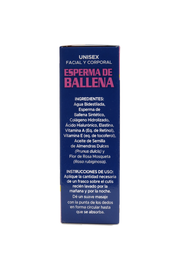 SOLUCIÓN COSMÉTICA UNISEX SERÚM DE ESPERMA DE BALLENA 50ML. CON COLÁGENO HIDROLIZADO, ÁCIDO HIALURÓNICO, ELASTINA, VIT A, VIT E, ALMENDRAS DULCES Y ROSA MOSQUETA.