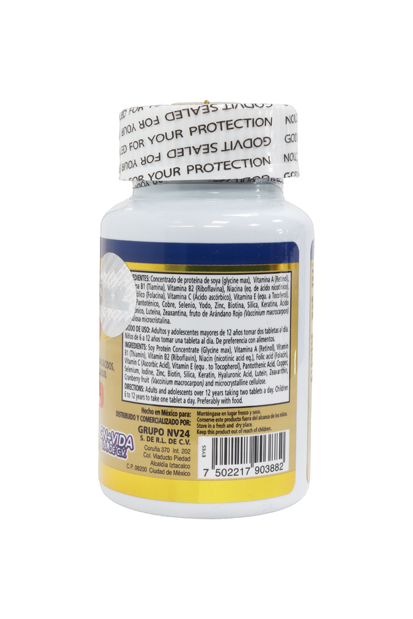 TBS. EYES C/60 DE 1 GR C/U. A BASE DE PROTEÍNA DE SOYA, VITAMINAS, MINERALES, AMINOÁCIDOS, BIOTINA, LUTEÍNA, ZEAXANTINA, KERATINA Y ARÁNDANO ROJO.
