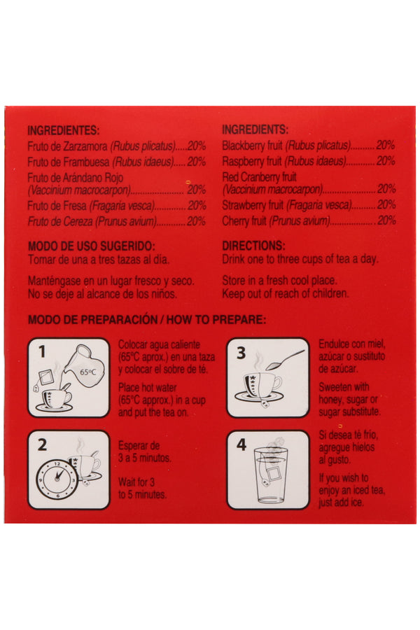 TÉ FRUTOS ROJOS C/30 SOBRES DE 3 GR C/U. TÉ A BASE DE ZARZAMORA, FRAMBUESA, ARÁNDANO, FRESA Y CEREZA. CERTIFICADO DE CALIDAD HARPC.