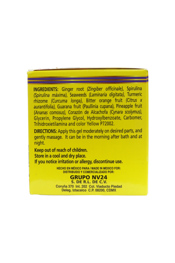 GEL CORPORAL COSMETICO SIN KILOS JENGIBRE + ESPIRULINA 300 GR. ADICIONADO CON JENGIBRE, ESPIRULINA, ALGAS MARINAS, CÚRCUMA, NARANJO AMARGO, GUARANÁ Y PIÑA.