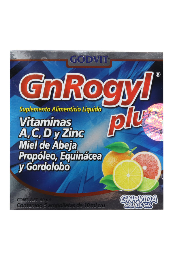 AMP. GNROGYL PLUS SOLUCIÓN INGERIBLE C/5 AMP. DE 10 ML C/U. VITAMINAS A, C, D Y ZINC, MIEL DE ABEJA, PROPLEO, EQUINAÁCEA Y GORDOLOBO.