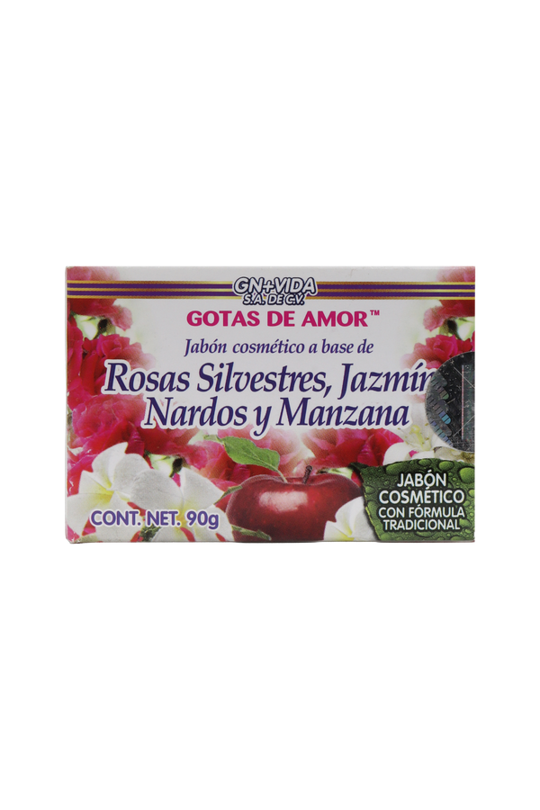JABÓN COSMÉTICO GOTAS DE AMOR A BASE DE : ROSAS SILVESTRES, JAZMÍN, NARDOS Y MANZANA C/ 90 GR. JABÓN COSMÉTICO CON FÓRMULA TRADICIONAL.
