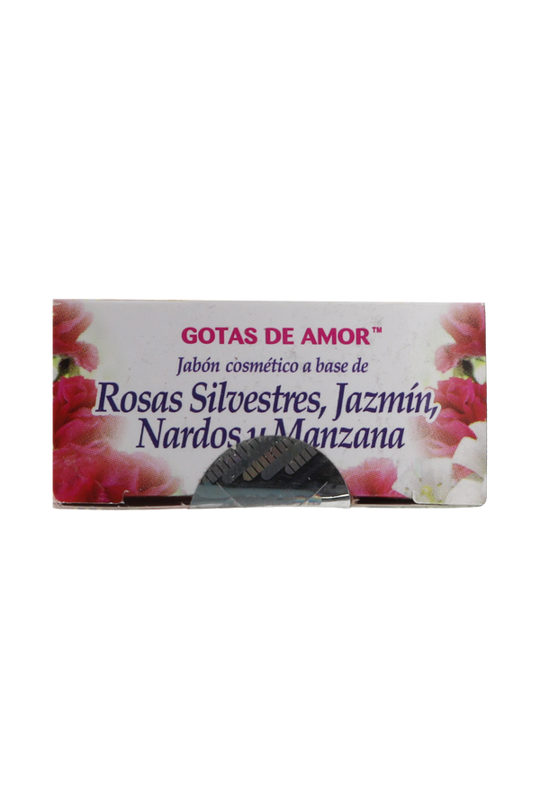 JABÓN COSMÉTICO GOTAS DE AMOR A BASE DE : ROSAS SILVESTRES, JAZMÍN, NARDOS Y MANZANA C/ 90 GR. JABÓN COSMÉTICO CON FÓRMULA TRADICIONAL.