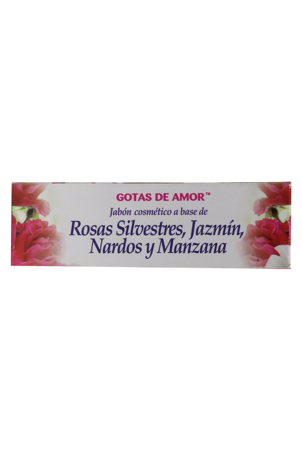 JABÓN COSMÉTICO GOTAS DE AMOR A BASE DE : ROSAS SILVESTRES, JAZMÍN, NARDOS Y MANZANA C/ 90 GR. JABÓN COSMÉTICO CON FÓRMULA TRADICIONAL.
