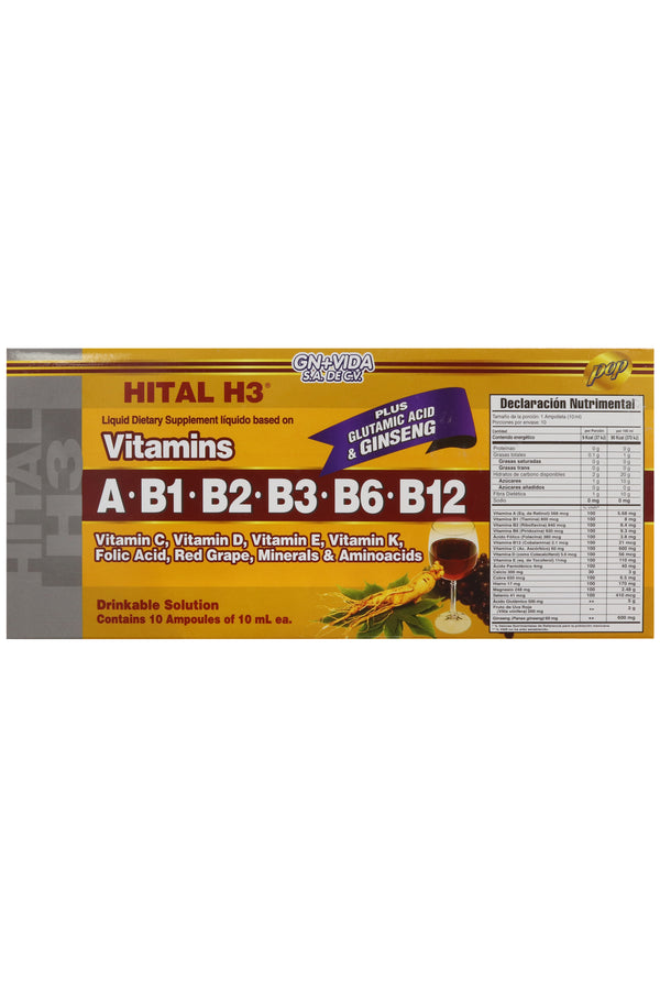 AMP. HITAL H3 SOLUCIÓN INGERIBLE C/10 AMP. DE 10 ML C/U. A BASE DE VITAMINA B1, B2, B3, B6, B12, VITAMINA C, VITAMINA D, VITAMINA E, VITAMINA K, ÁCIDO FÓLICO, UVA ROJA, MINERALES Y AMINOÁCIDOS.