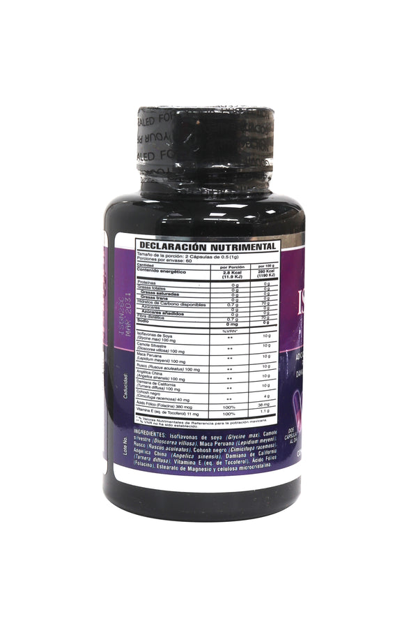 CAPS. ISOFLAVONAS DE SOYA C/60 DE 500MG C/U. ADICIONADA CON CAMOTE SILVESTRE, MACA PERUANA, RUSCO, COHOSH NEGRO, ANGELICA SINENSIS, DAMIANA DE CALIFORNIA, VITAMINA E Y ACIDO FÓLICO. GODVIT.