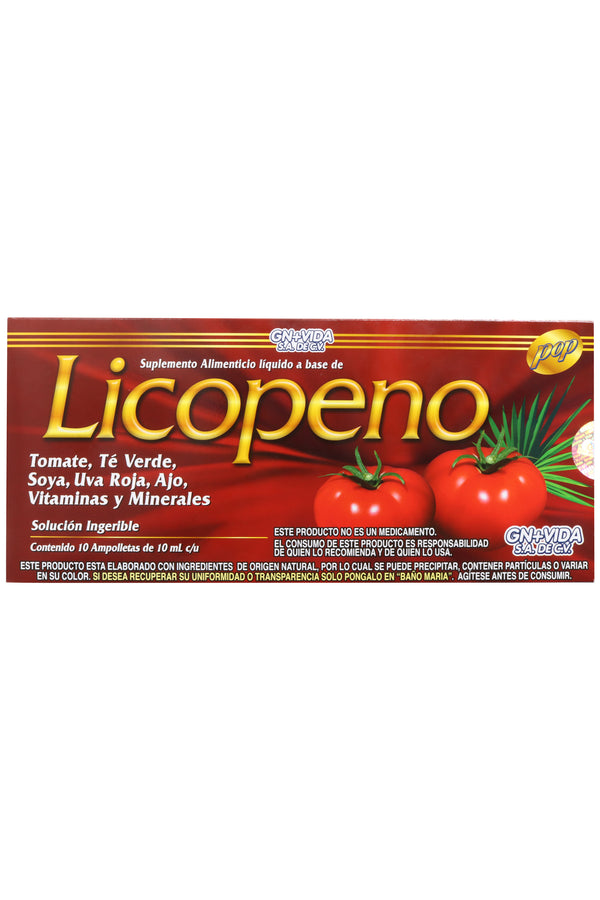 AMP. LICOPENO SOLUCIÓN INGERIBLE C/10 AMP. DE 10 ML C/U. CON TOMATE, TE VERDE, SOYA, UVA ROJA, PEREJIL, AJO, VITAMINAS Y MINERALES.