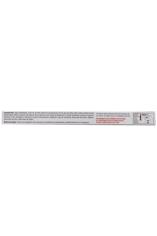 AMP. LICOPENO SOLUCIÓN INGERIBLE C/10 AMP. DE 10 ML C/U. CON TOMATE, TE VERDE, SOYA, UVA ROJA, PEREJIL, AJO, VITAMINAS Y MINERALES.