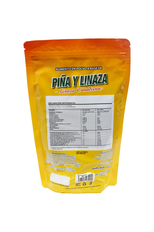 ALIMENTO EN POLVO A BASE DE PIÑA Y LINAZA C/470 GR. LINAZA CANADIENSE ADICIONADA CON OMEGA 3, 6 Y 9.