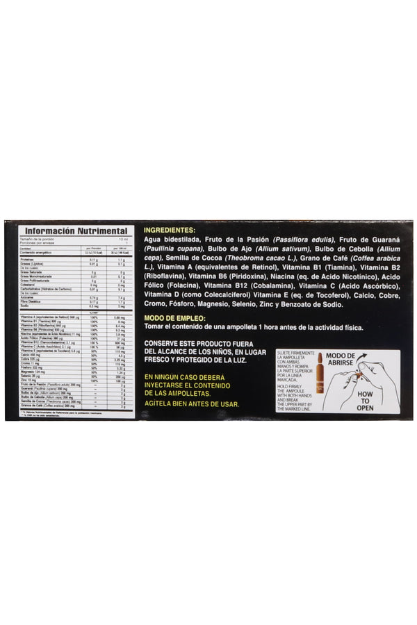 AMP. MÜITO XO NEGRA SOLUCIÓN INGERIBLE C/1 AMP. DE 10 ML C/U. CON FRUTO DE LA PASIÓN, AJO, CEBOLLA, COCOA, CAFÉ, VITAMINAS Y MINERALES. REFORZADA CON GUARANÁ.