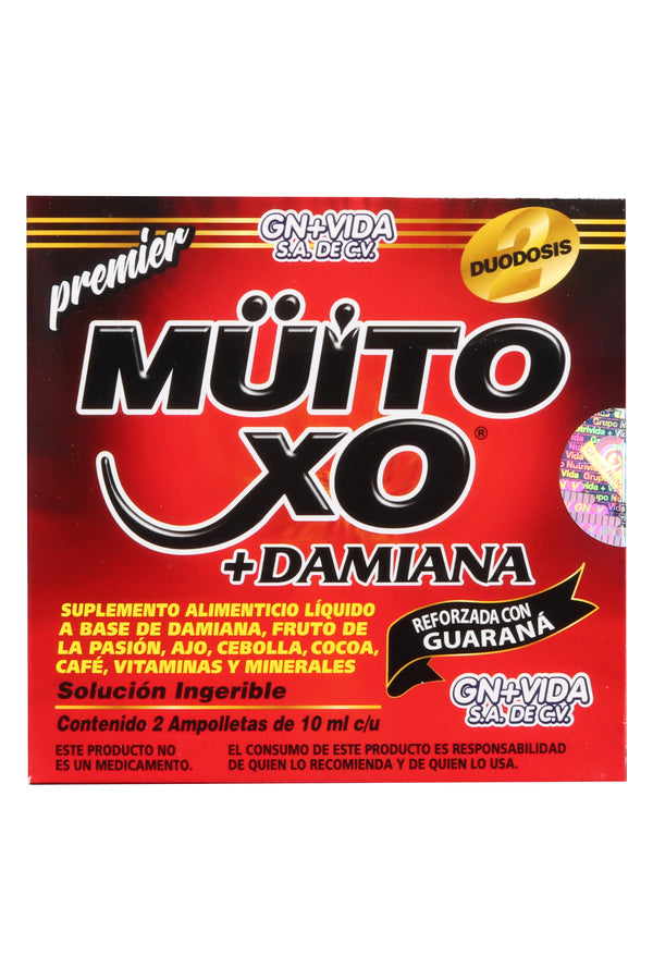 AMP. MÜITO XO PREMIER ROJA SOLUCIÓN INGERIBLE C/2 AMP. DE 10 ML C/U. REFORZADA CON GUARANA Y ADICIONADA CON DAMIANA, FRUTO DE LA PASIÓN, AJO, CEBOLLA, COCOA, CAFÉ, VITAMINAS Y MINERALES. REFORZADA CON GUARANÁ.